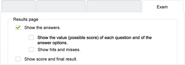 Screenshot for the configuration of the results display on the exam completion page.