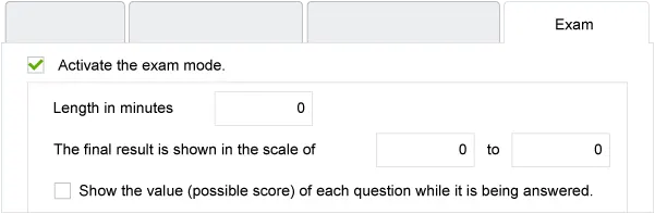 Screenshot of exam mode activation, duration and grading scale.